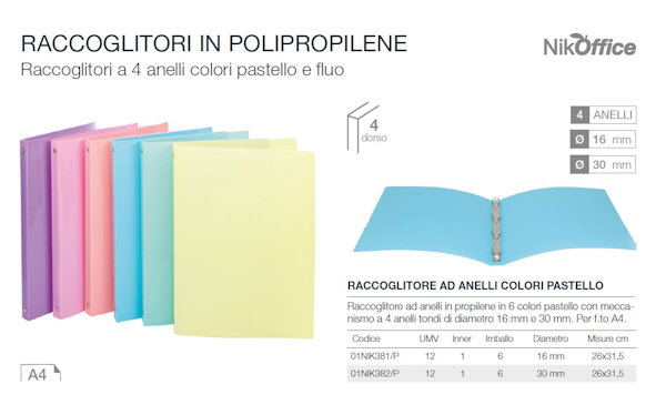 8051818008131 - RACCOGLITORE 4 ANELLI D.30mm A4 CM.26x31 COPERTINA IN PPL  LACCATA COLORI PASTEL