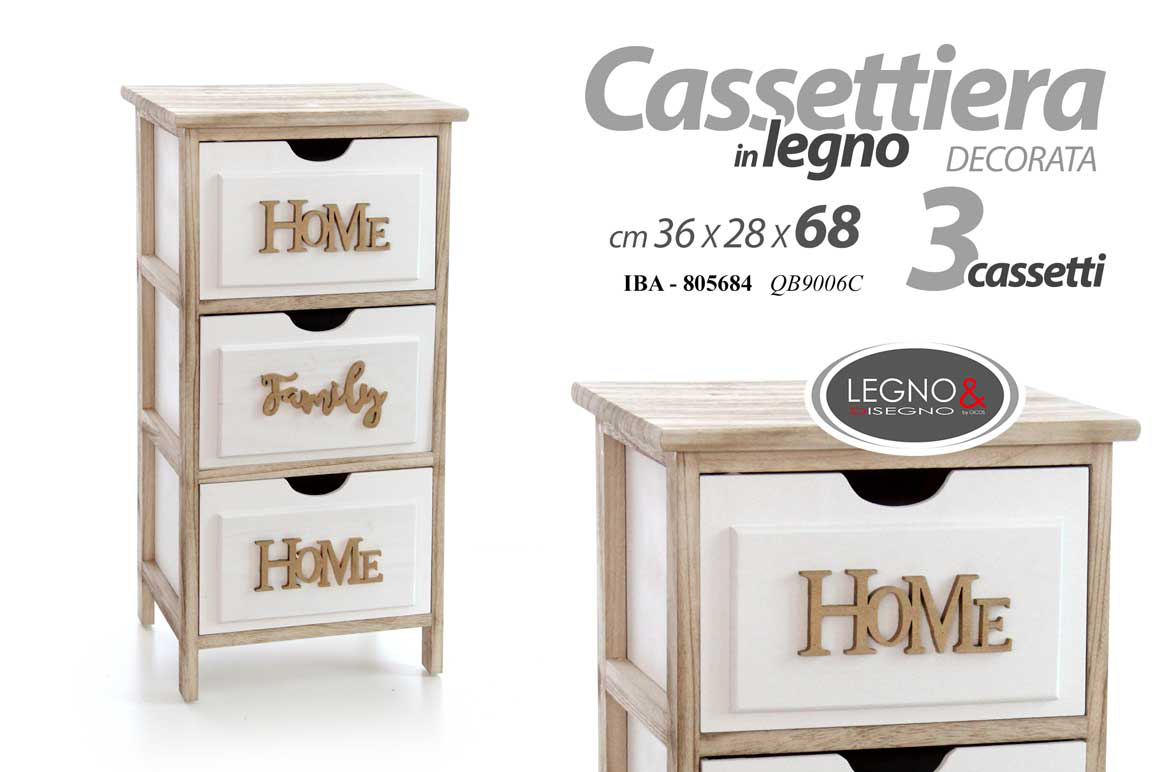 8025569805684 - CASSETTIERA IN LEGNO 3 CASSETTI CM.36x28x68 CON SCRITTE A  RILIEVO GICOS 805684